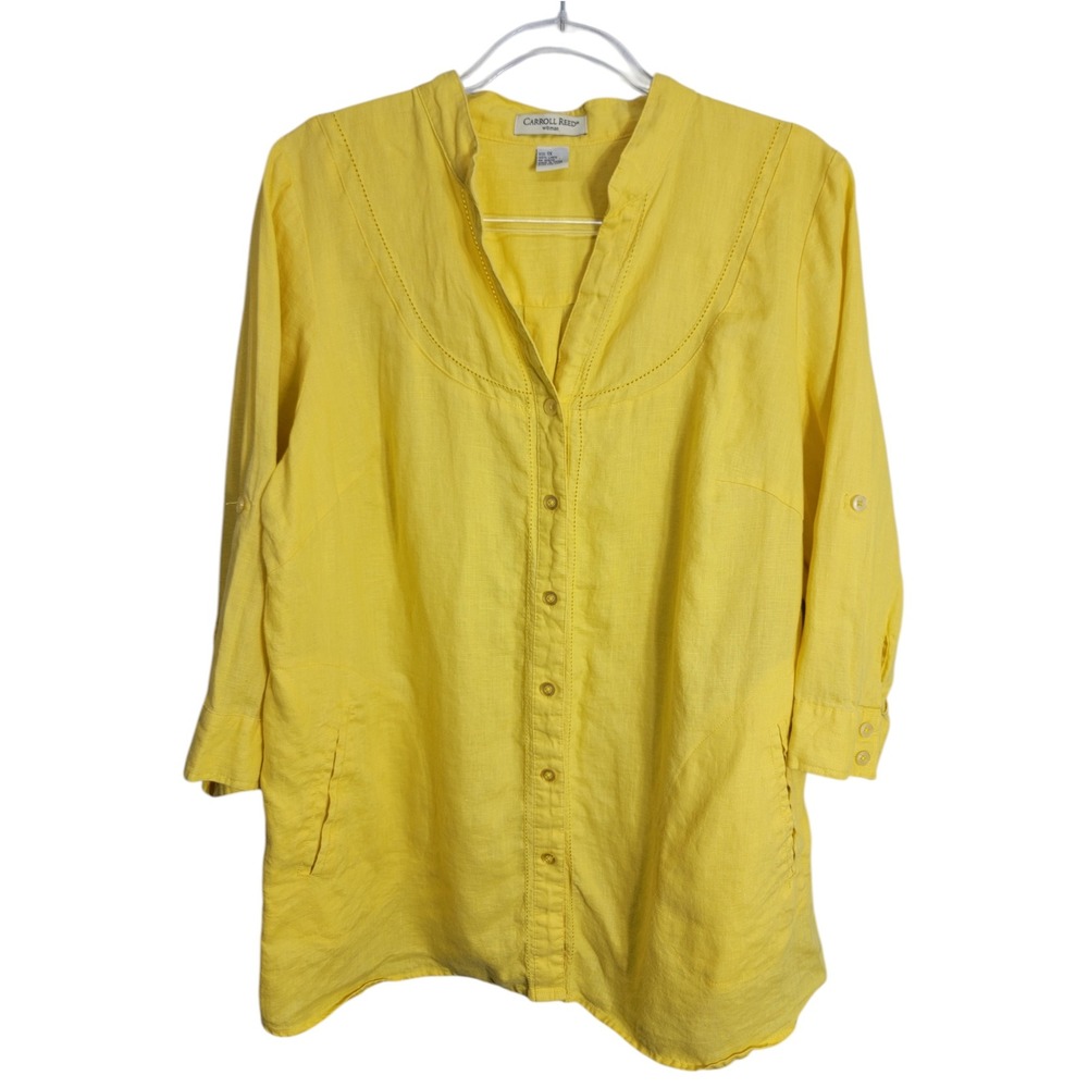 Carroll Reed 1X 100% Linen Button Up Shirt Yellow Roll Tab 3/4 Sleeve Lagenlook